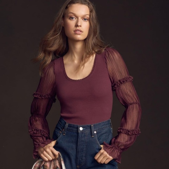 NWT Anthropologie Long Sleeve Victorian Ruffled Top XXS Cocoa - Picture 1 of 14